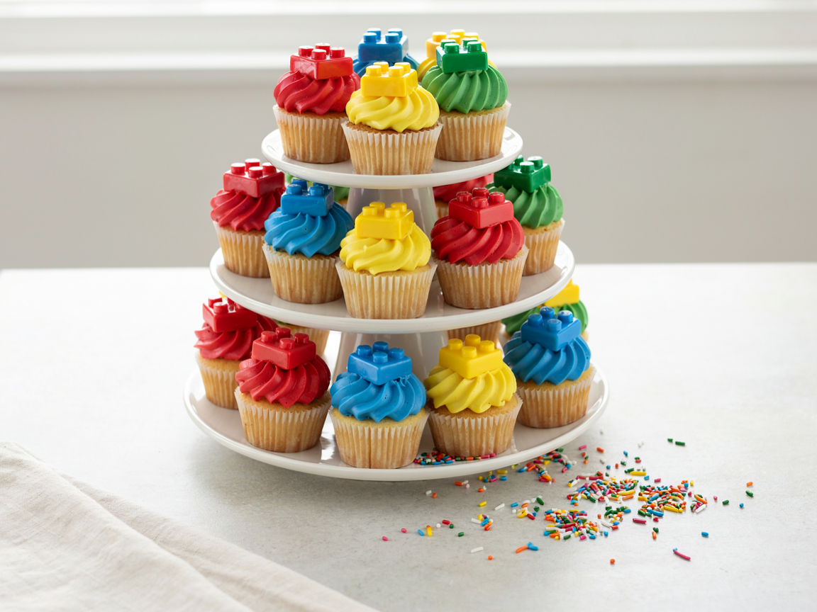 Cupcakes with bright buttercream swirls topped with candy building bricks
