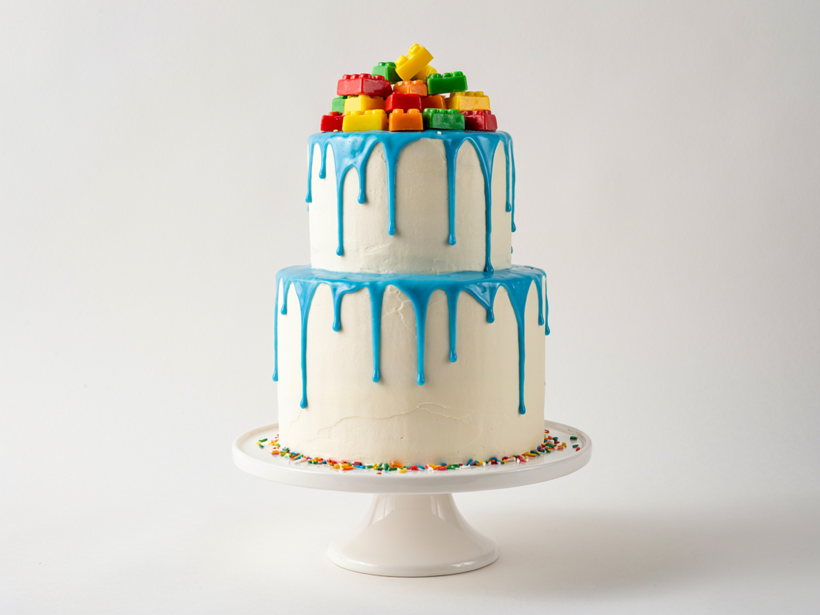 White cake with a bright blue drip and a pile of candy building bricks on top