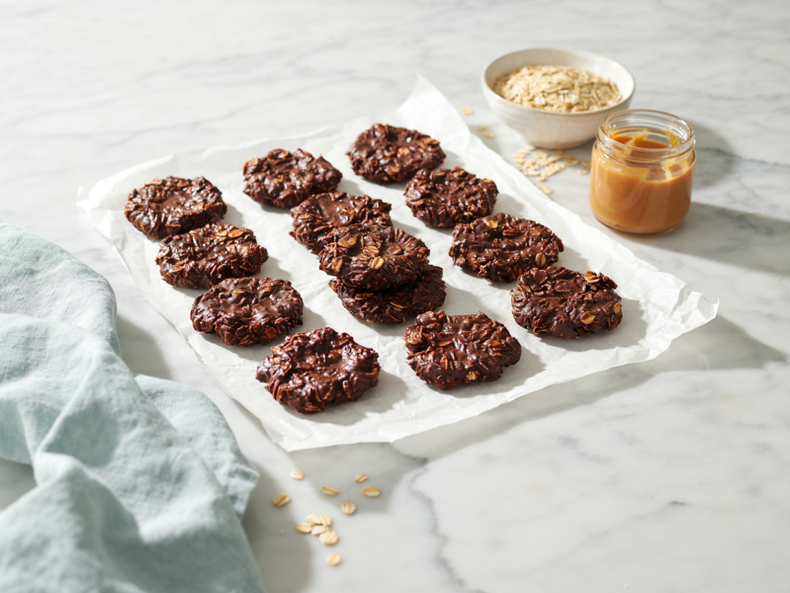 Chocolate peanut butter oatmeal no bake cookies on parchment paper