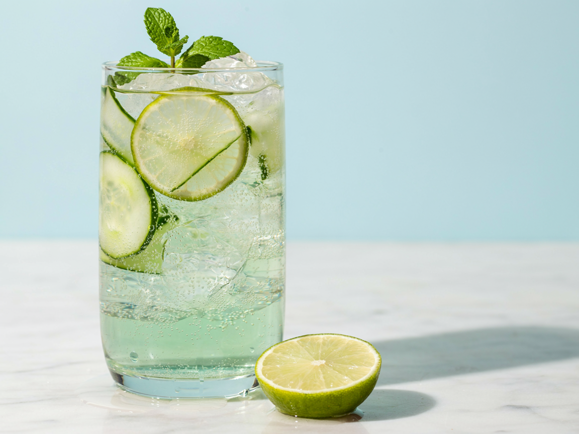 Close-up of a sparkling cucumber lime mint mocktail