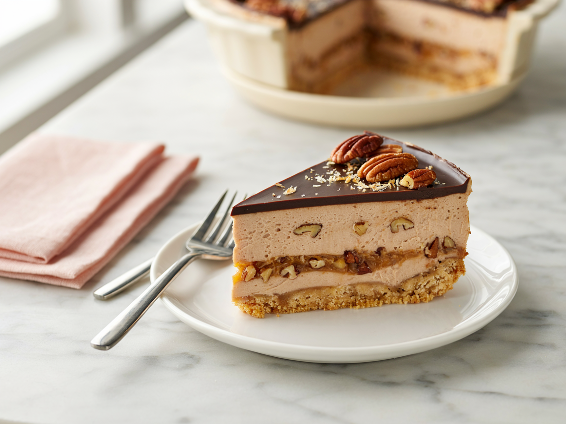 A slice of no bake German chocolate pie with chocolate, coconut-pecan and graham crust layers