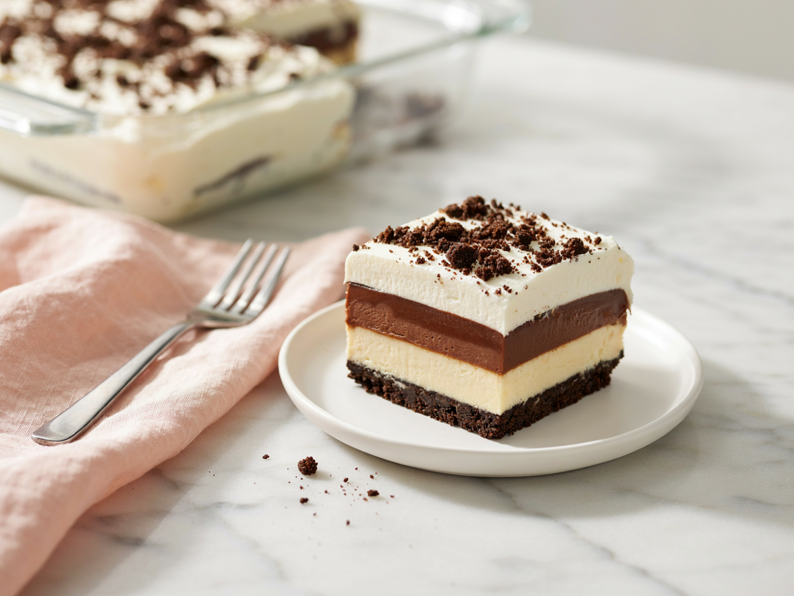 A square slice of no bake Oreo dessert showing cookie crust, cream cheese, chocolate pudding and whipped layers