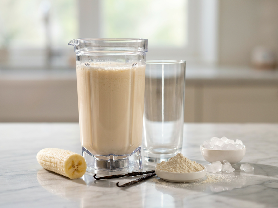 Blender jar of vanilla protein smoothie on a kitchen counter