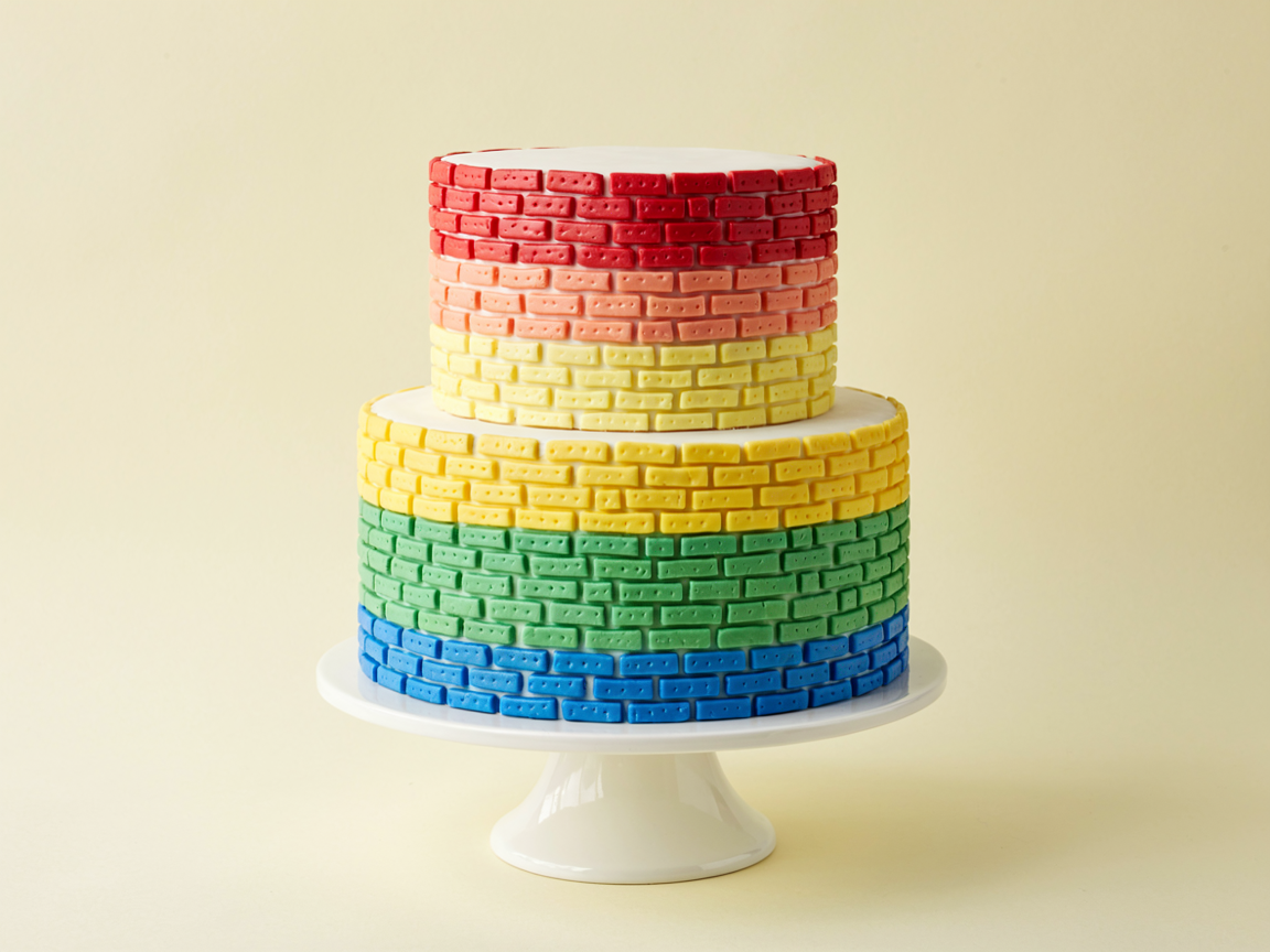 Two-tier cake with sides covered in a rainbow wall of small fondant bricks