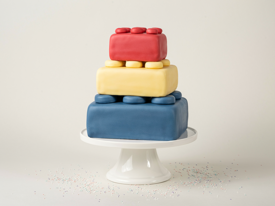 Three-tier cake where each tier is a different colored building brick