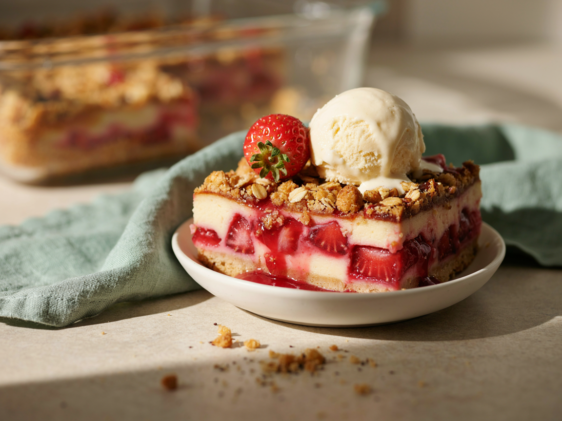 A serving of strawberry cheesecake dump cake with ice cream showing the strawberry and cream cheese layers