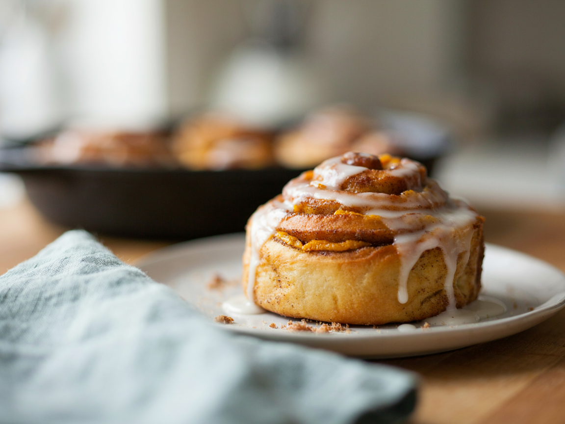 A single pumpkin cinnamon roll on a plate with icing melting into the swirl