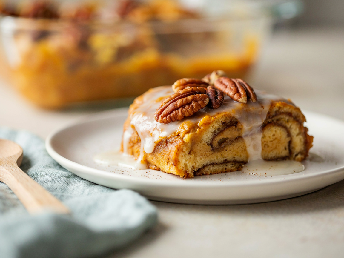 A scoop of pumpkin cinnamon roll casserole on a plate with icing and pecans
