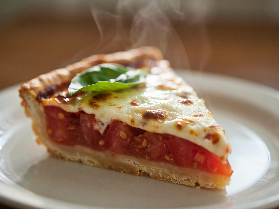 Slice of tomato pie showing flaky crust, soft tomato and melted cheese topping