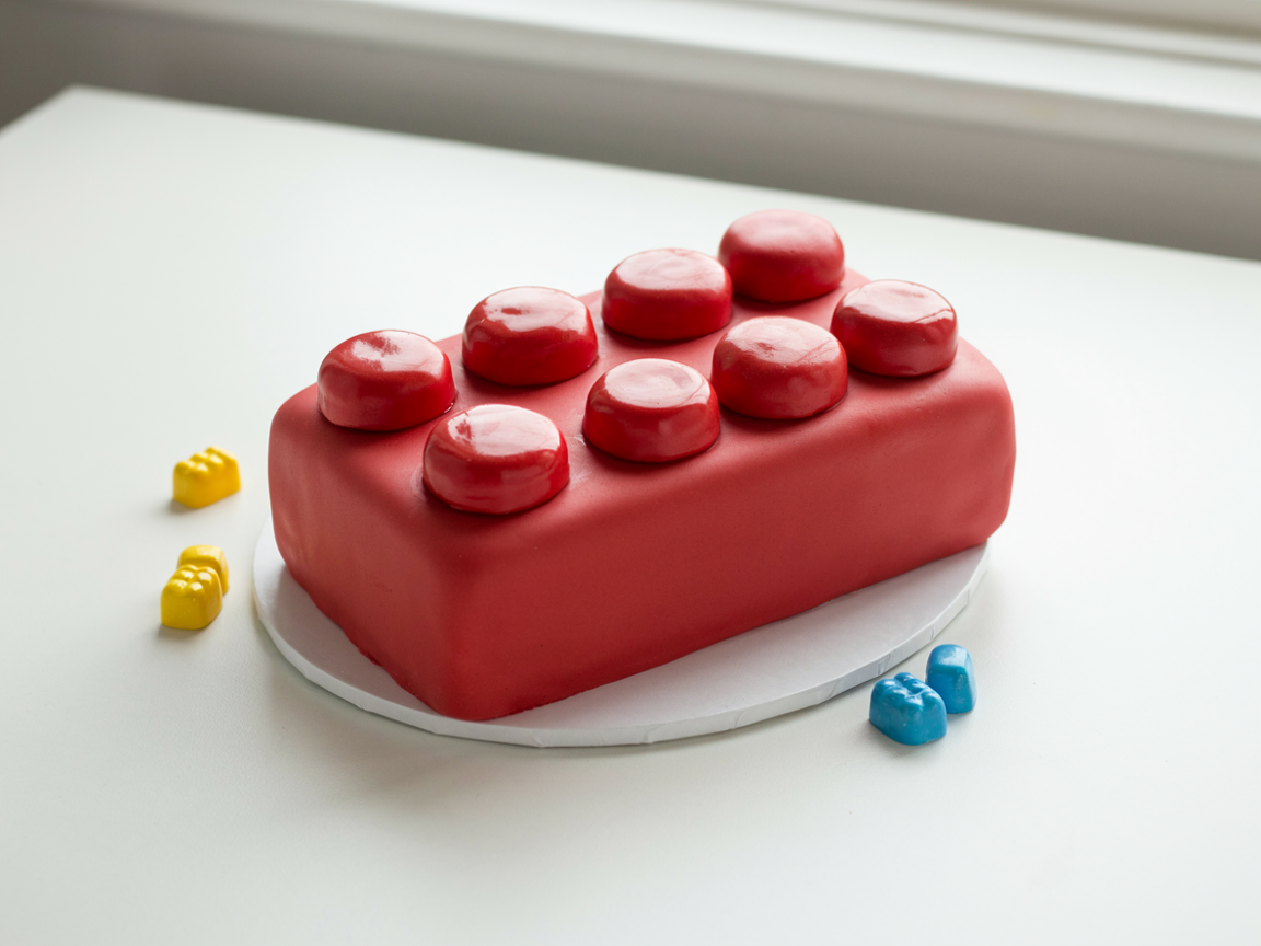 Cake shaped like one giant red building brick with eight studs