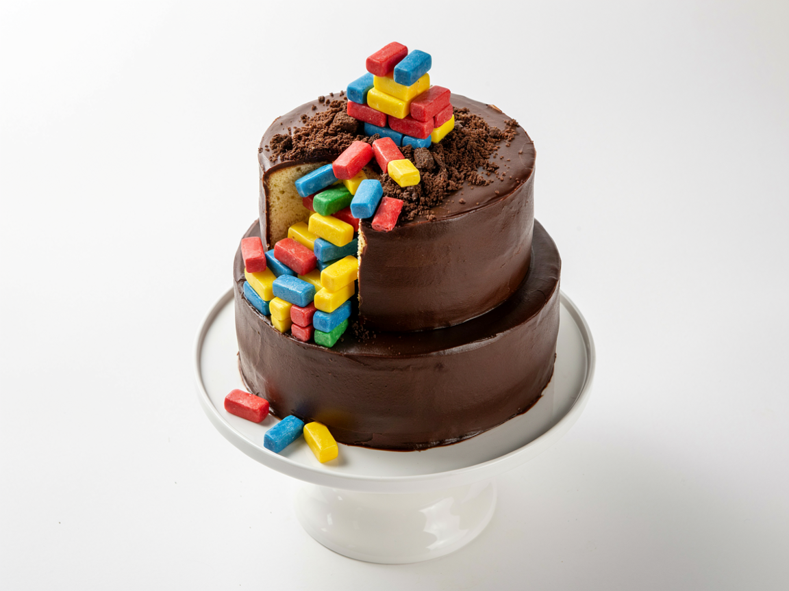 Chocolate cake styled as a construction site with candy bricks stacked up the side