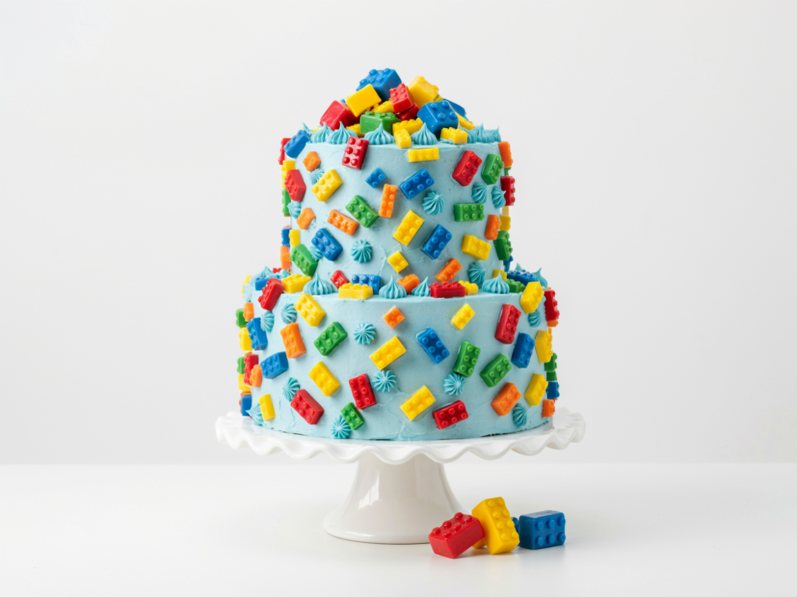 Tall blue birthday cake decorated with colorful candy building bricks
