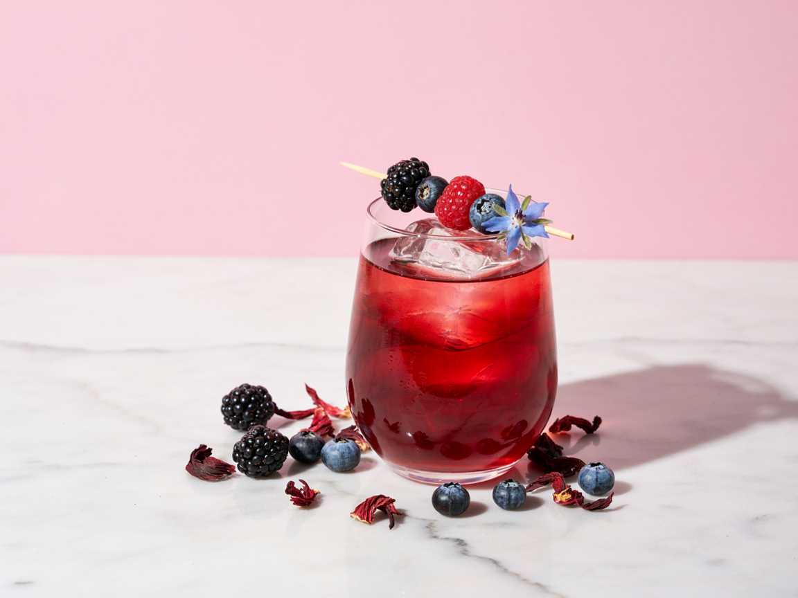 Ruby red hibiscus berry mocktail in a glass with ice and a berry skewer