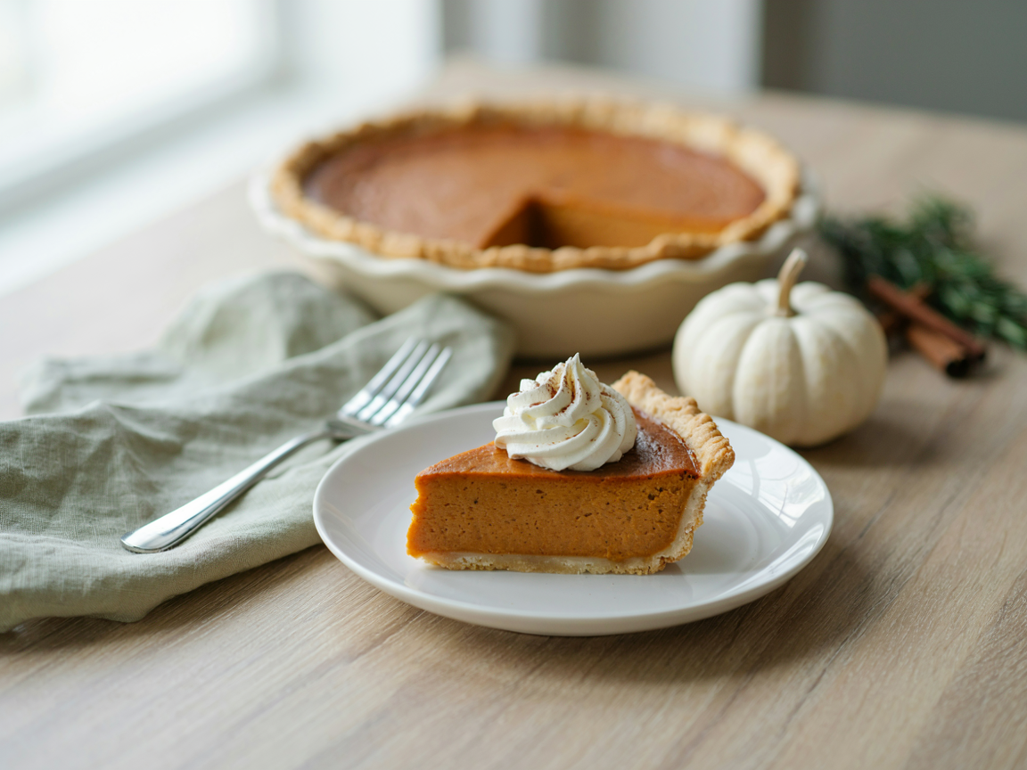 A slice of classic pumpkin pie with whipped cream on a white plate