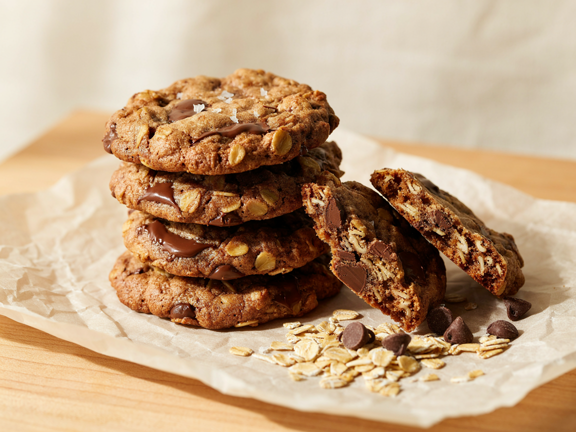 A stack of chewy chocolate chip oatmeal cookies with melted chocolate and golden edges