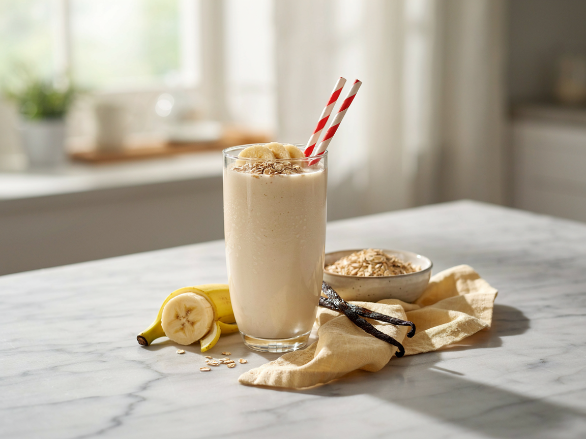 Creamy vanilla protein smoothie in a tall glass with oats and banana slices