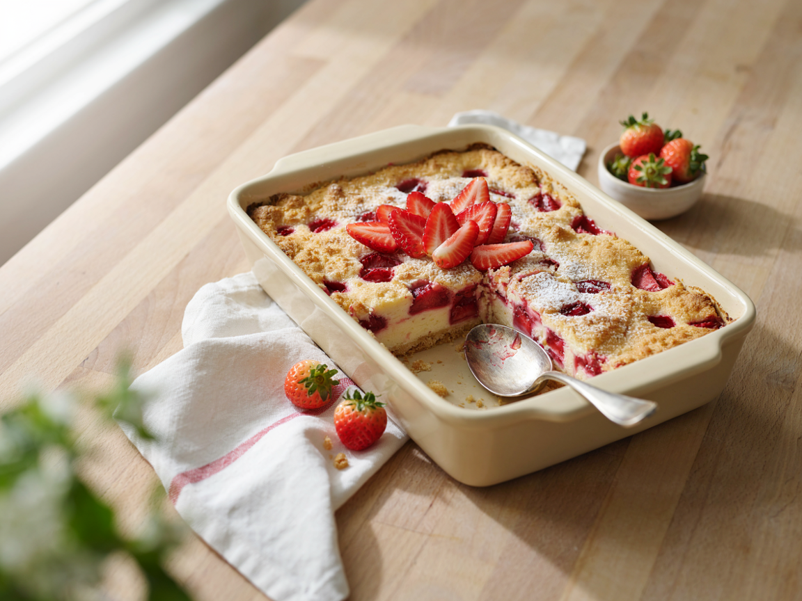 Strawberry cheesecake dump cake in a baking dish with a golden crumb top and one corner scooped out