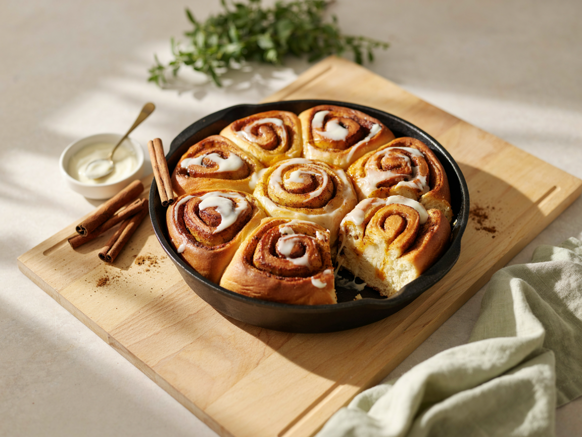 Pumpkin cinnamon rolls baked in a cast iron skillet and covered in cream cheese icing