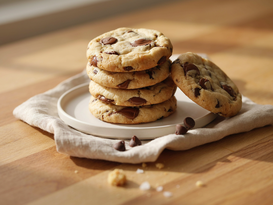 A stack of thick, soft Joanna Gaines style chocolate chip cookies on a plate