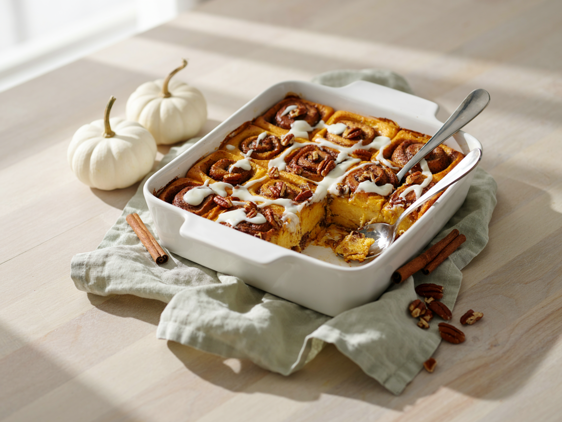 Pumpkin cinnamon roll casserole in a white baking dish with icing and pecans, one corner scooped out