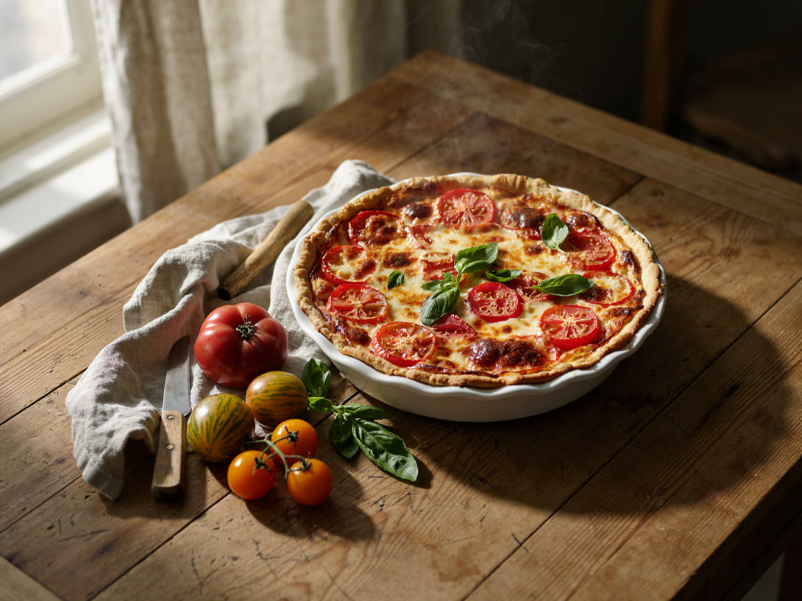 Whole Southern tomato pie with a golden cheese topping and fresh basil