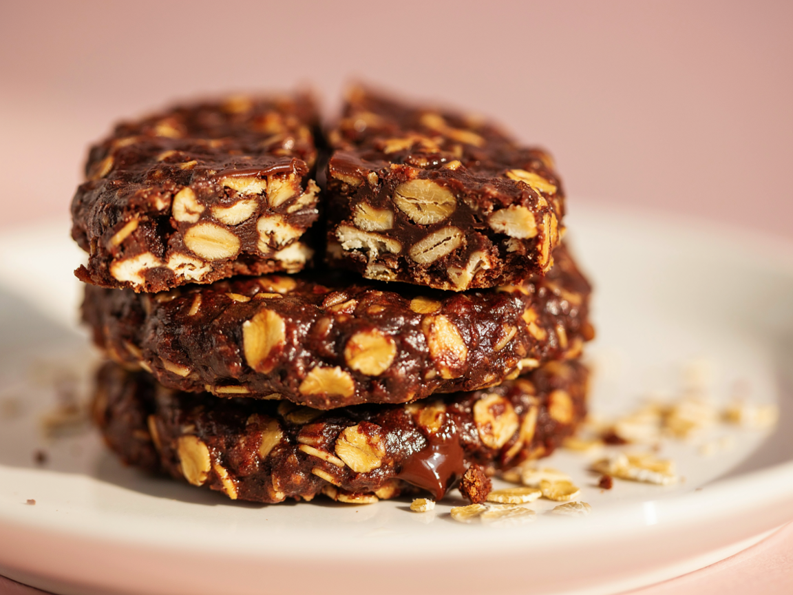 Close-up of a no bake cookie broken open to show the fudgy oat center