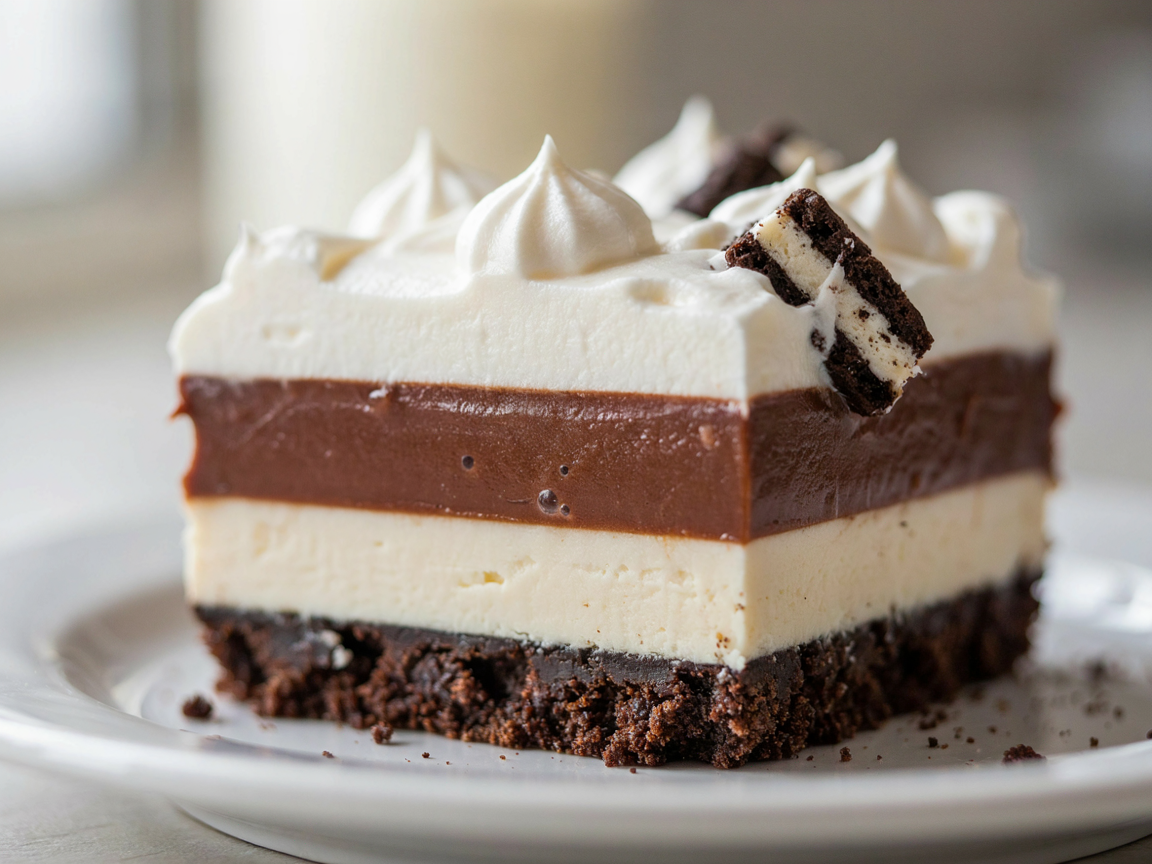 Close-up of the layers in a slice of no bake Oreo dessert