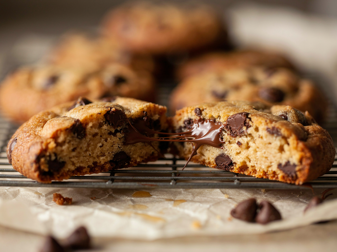 A thick chocolate chip cookie broken in half showing a soft center and melted chocolate