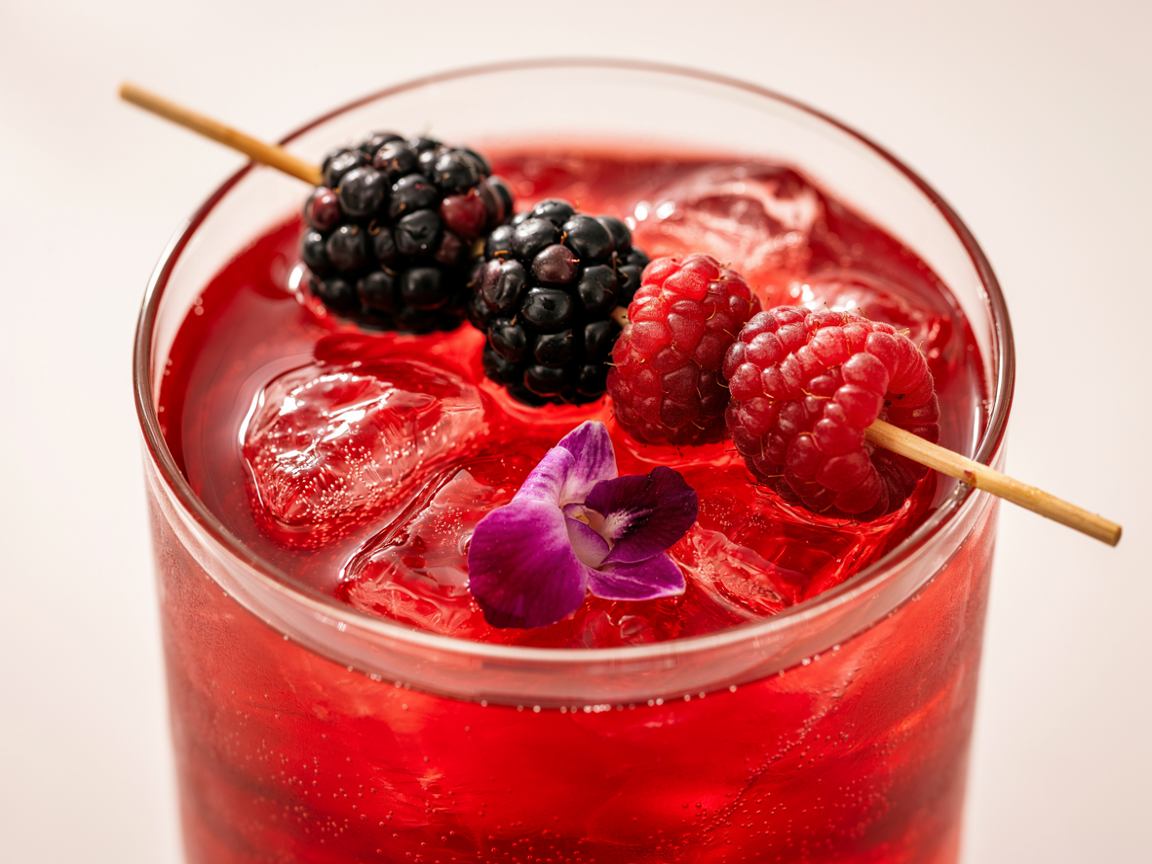 Close-up of a red hibiscus mocktail garnished with berries and an edible flower