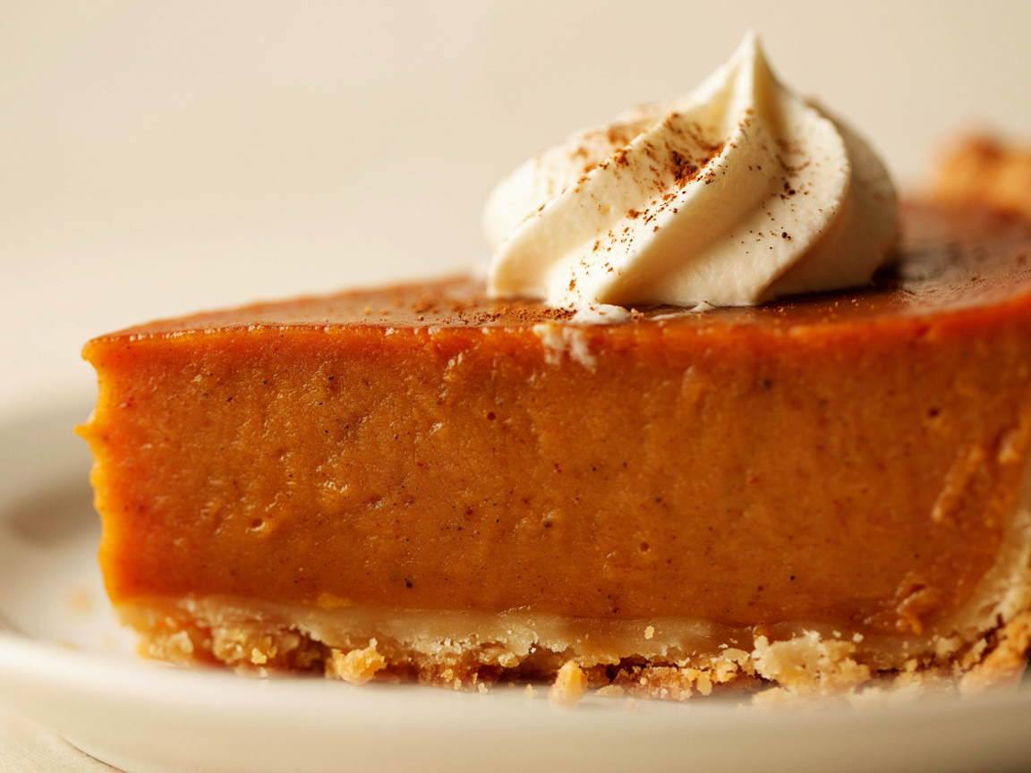 Close-up of a pumpkin pie slice showing the smooth custard and flaky crust
