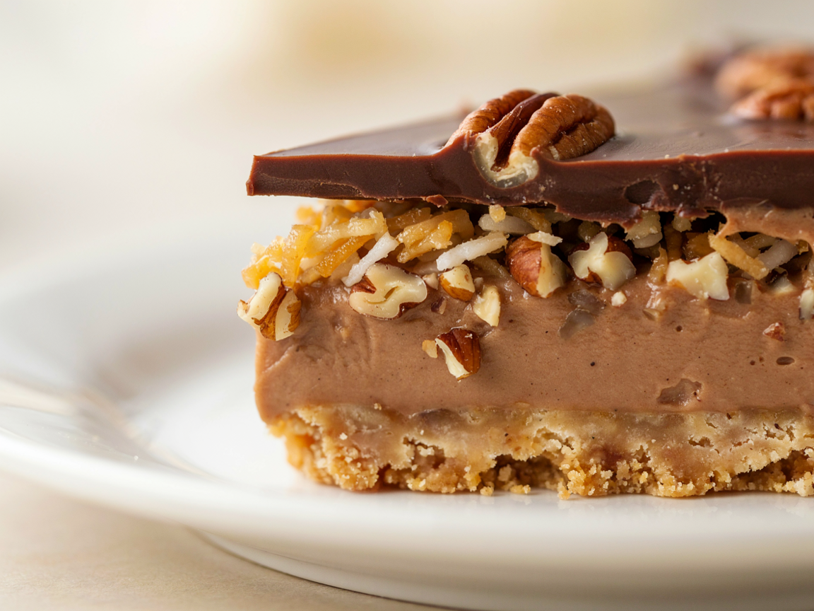 Close-up of a German chocolate pie slice showing the chocolate and coconut-pecan layers