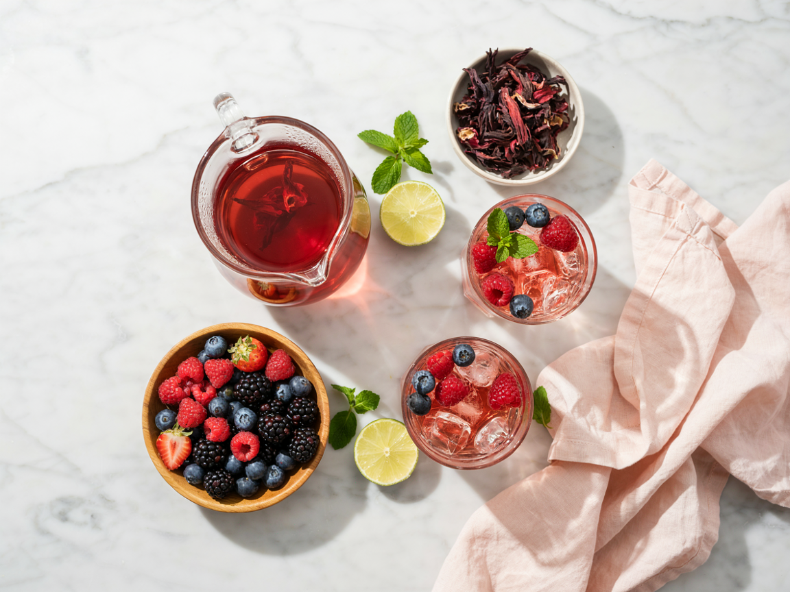 Pitcher of hibiscus tea with glasses, dried hibiscus flowers and fresh berries
