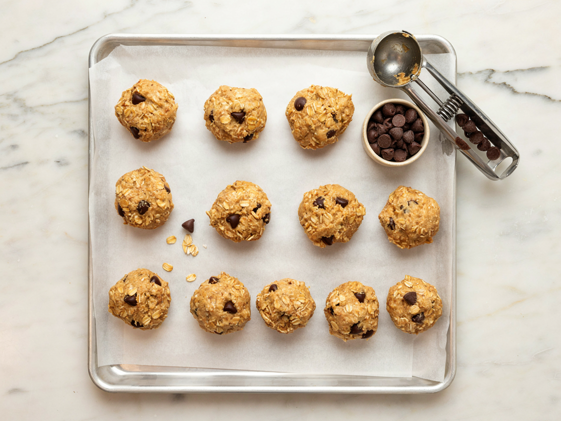 Scooped chocolate chip oatmeal cookie dough balls spaced out on a parchment-lined baking sheet