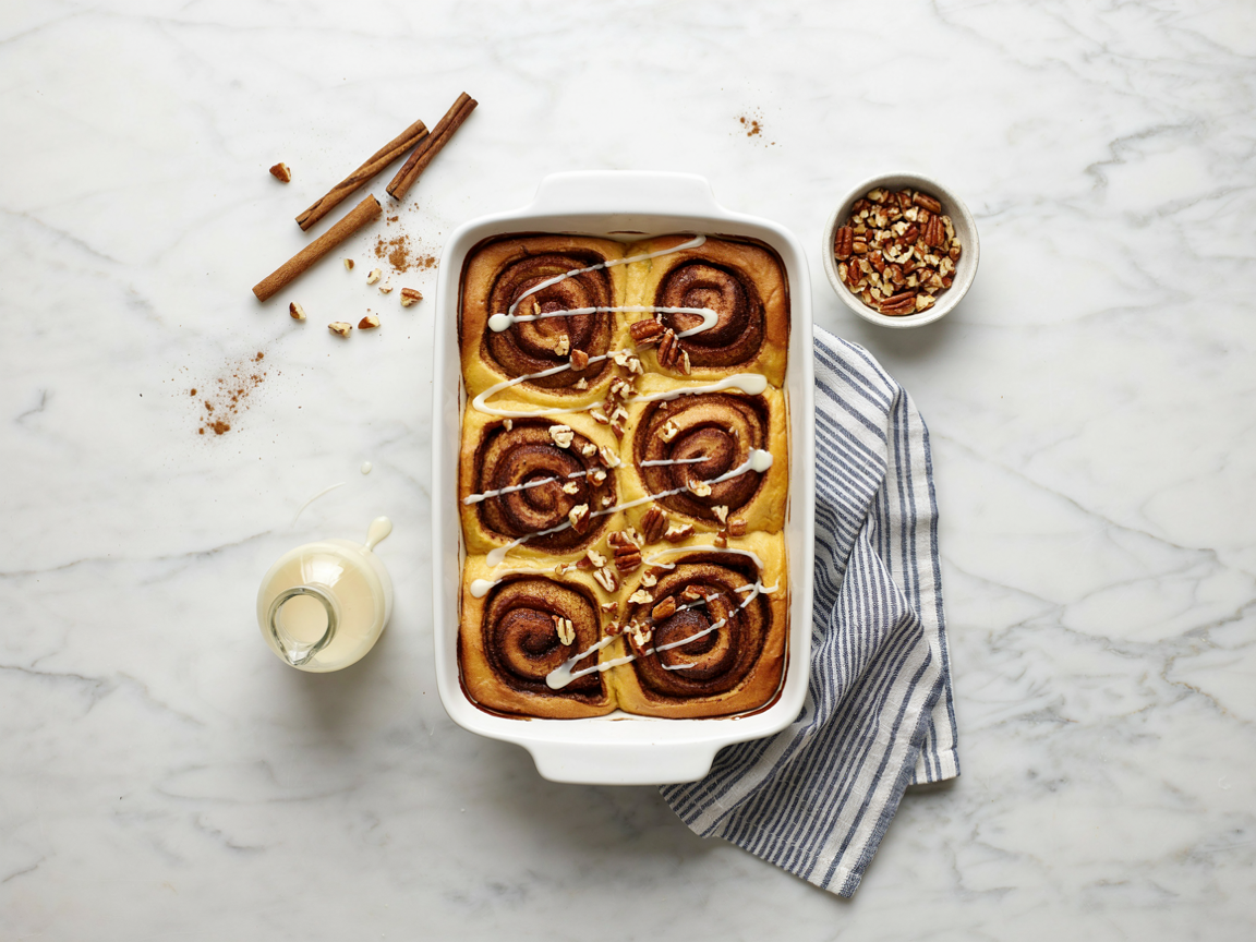 Overhead view of a baked pumpkin cinnamon roll casserole drizzled with icing