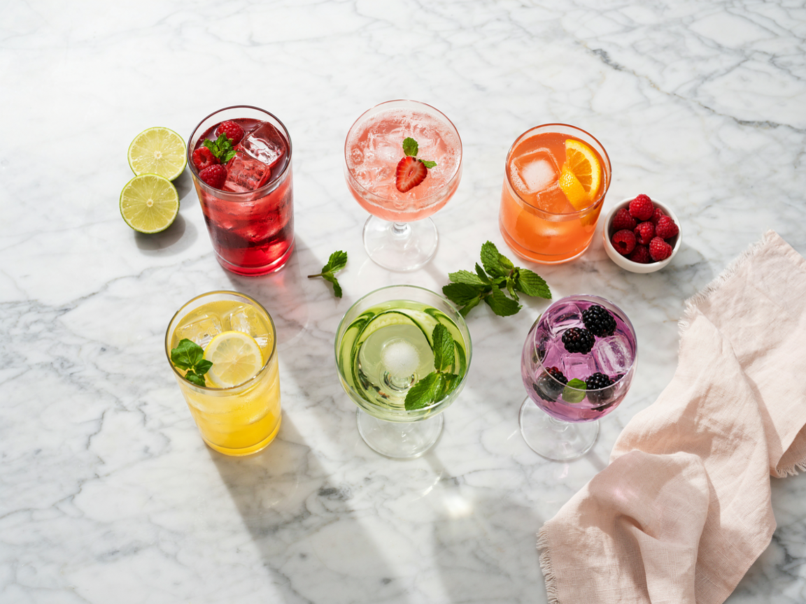 Overhead view of six colorful non-alcoholic mocktails with fresh garnishes