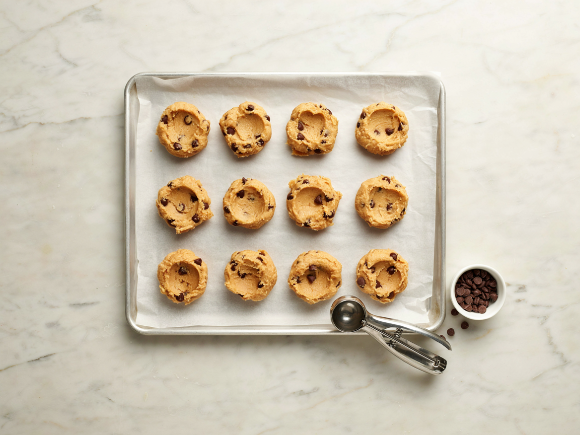 Thick chocolate chip cookie dough balls spaced out on a parchment-lined baking sheet