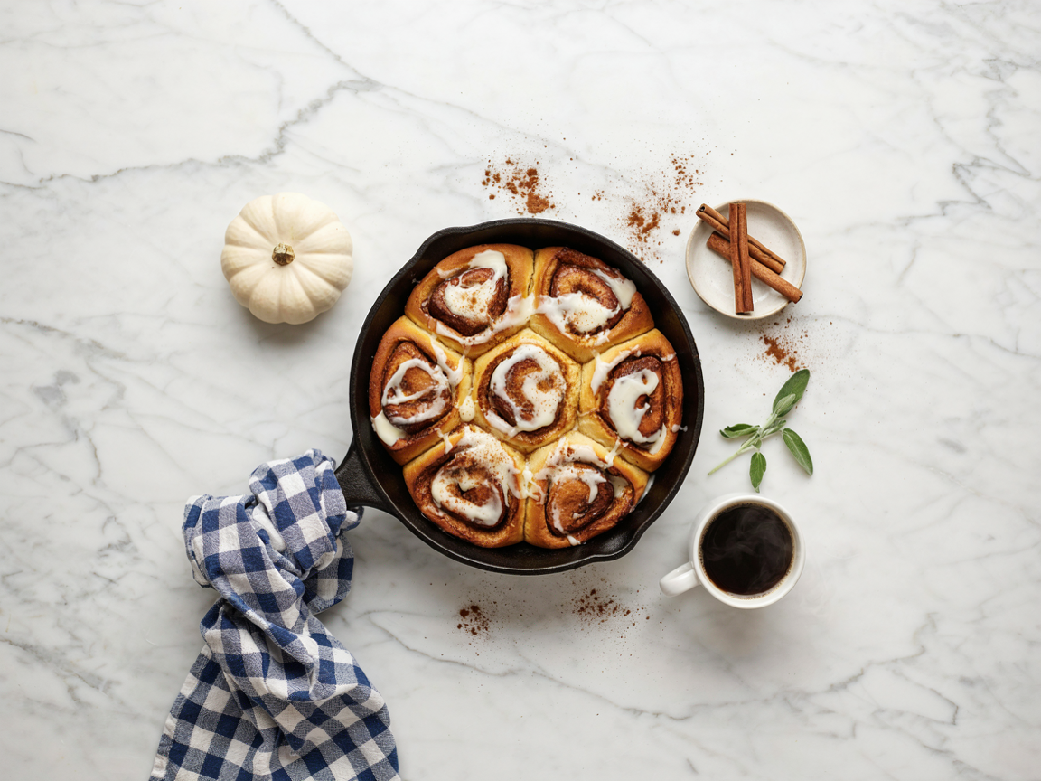 Overhead view of iced pumpkin cinnamon rolls in a cast iron skillet