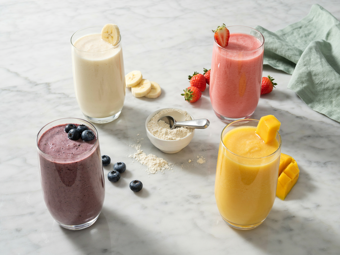 Overhead view of four pastel protein smoothies with fruit and a scoop of vanilla protein powder