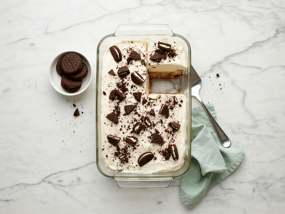 Overhead view of a no bake Oreo dessert in a 9x13 dish topped with crushed cookies