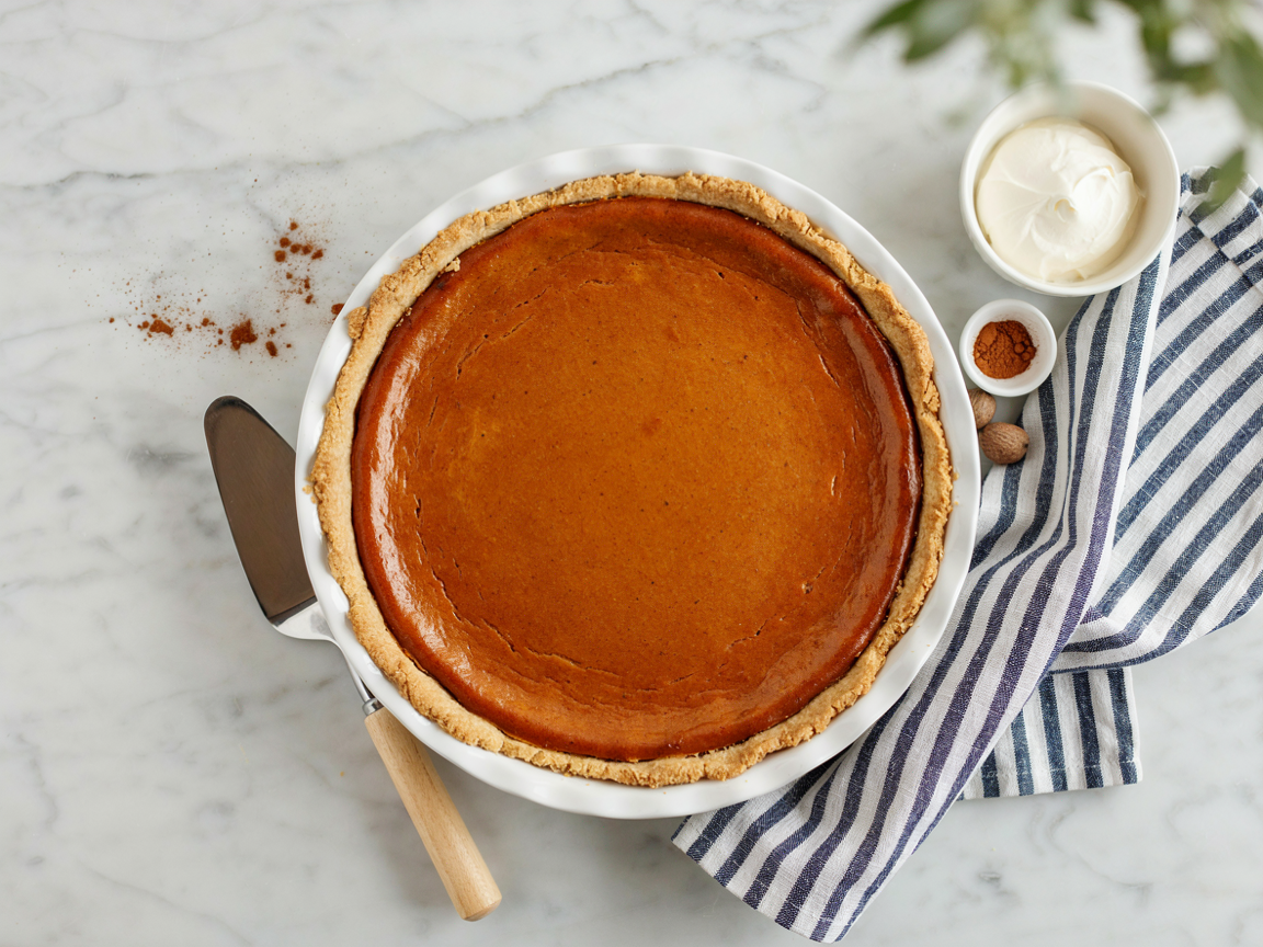 Overhead view of a whole baked pumpkin pie with a golden crimped crust