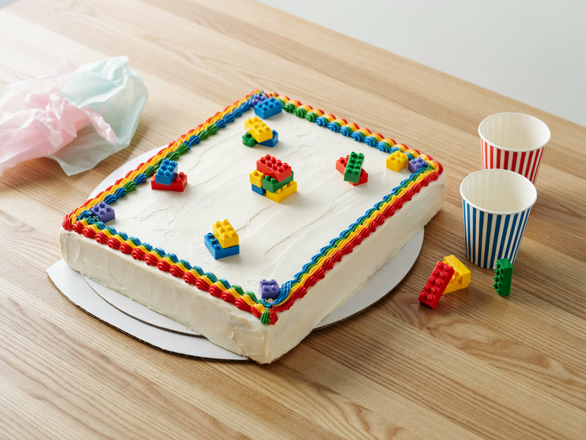 White sheet cake with a rainbow border and candy building bricks on top
