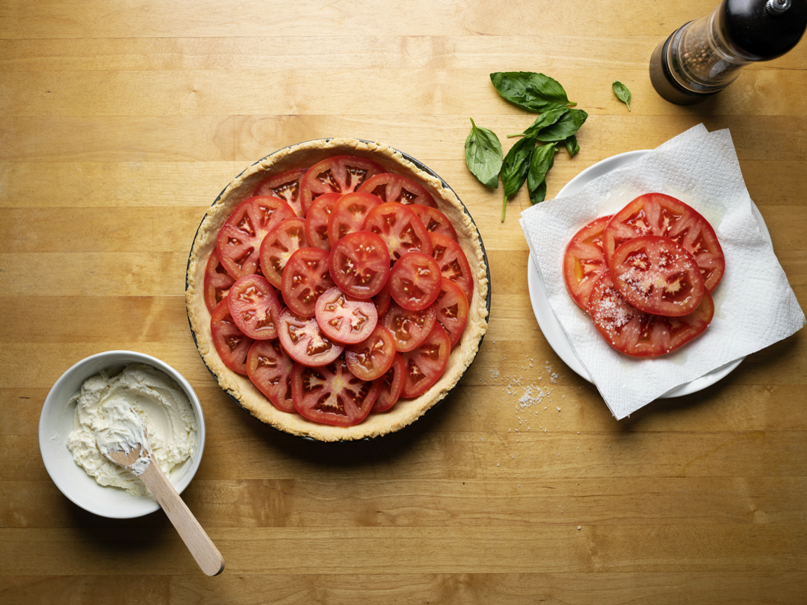Tomato pie being assembled: tomato slices draining on paper towel, crust lined with tomatoes, bowl of cheese and mayonnaise