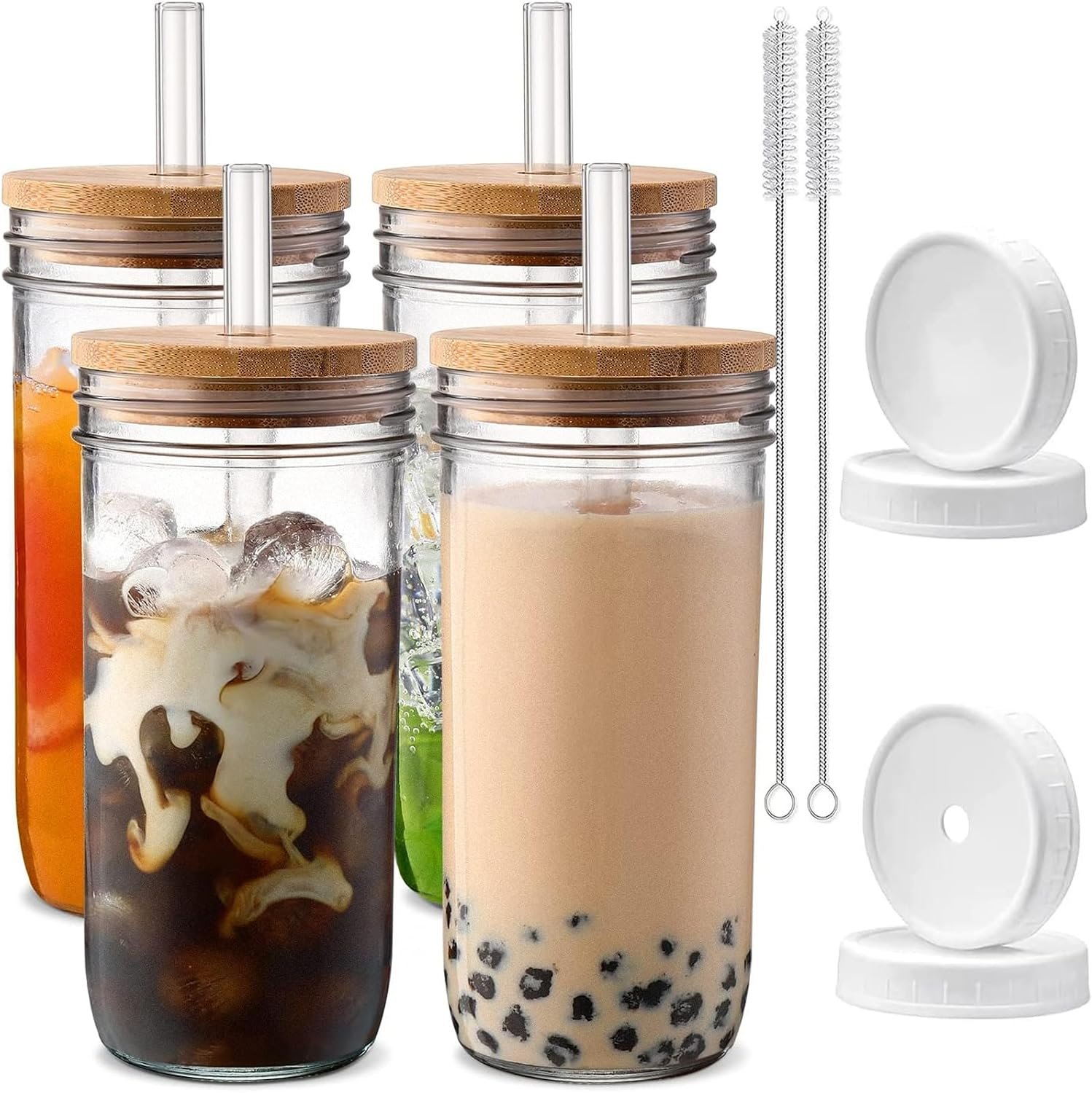 Glass smoothie tumbler with lid and straw